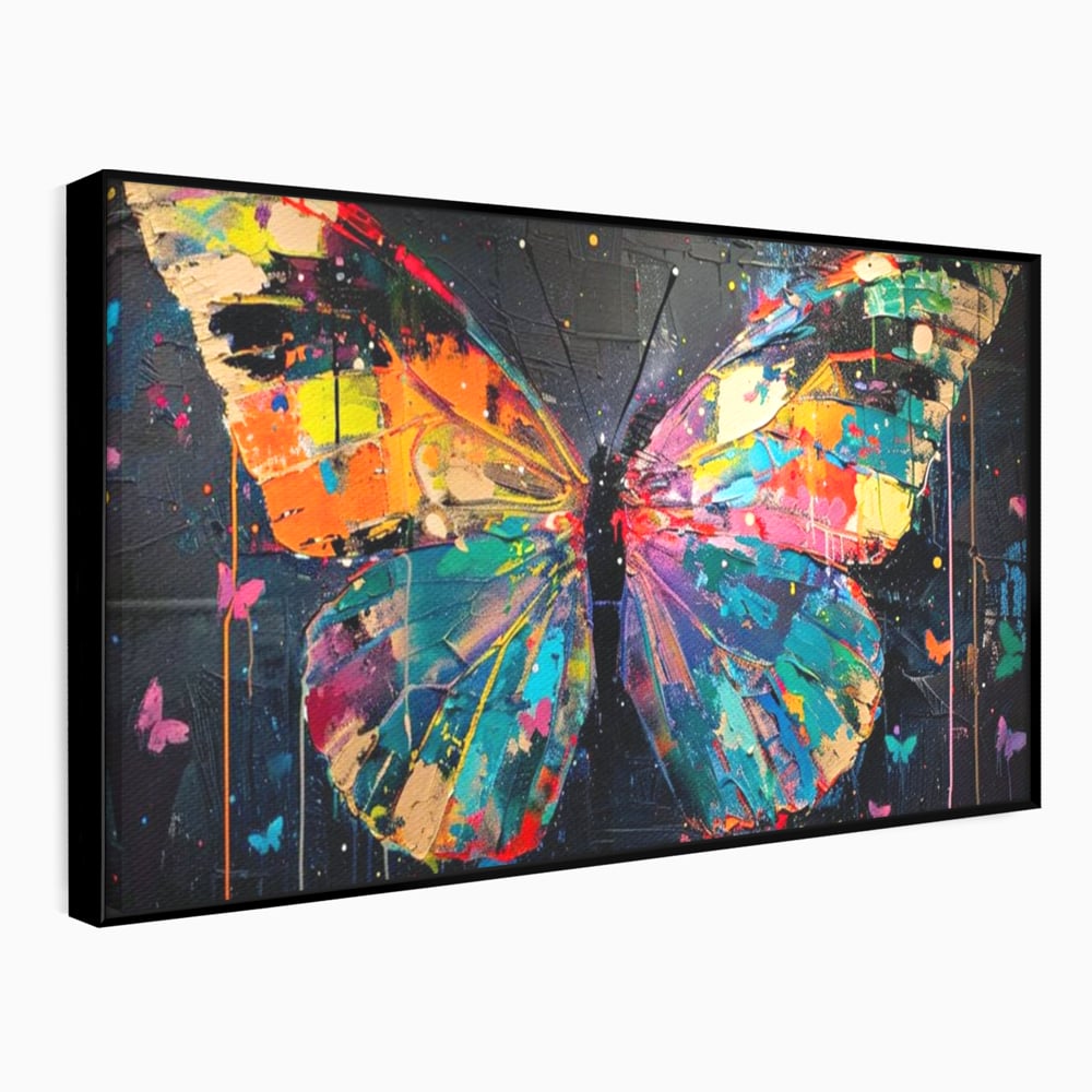 Tablou canvas cu tablou canvas cu fluture multicolor, in rama de aluminiu negru